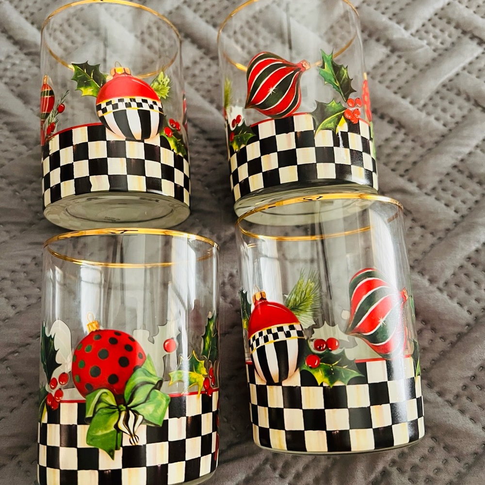 McKenzie Childs Festive Checkered Glasses with Holiday Ornaments on them, new!